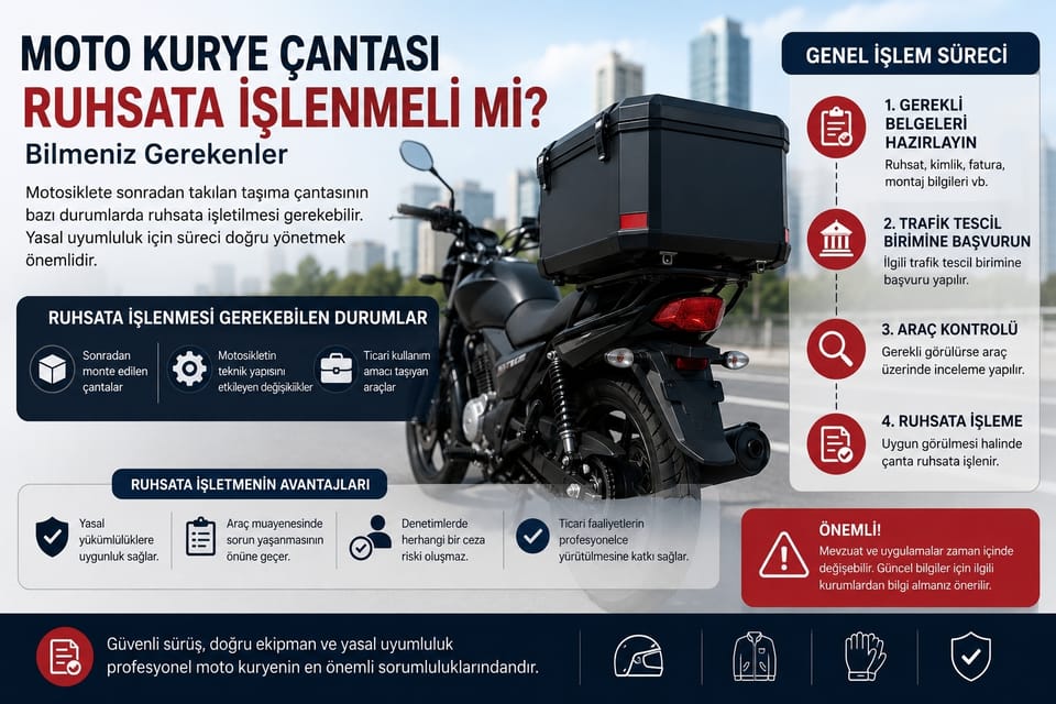 Moto kurye taşıma çantasının ruhsata işlenmesi hakkında merak edilenler ve dikkat edilmesi gereken noktalar.